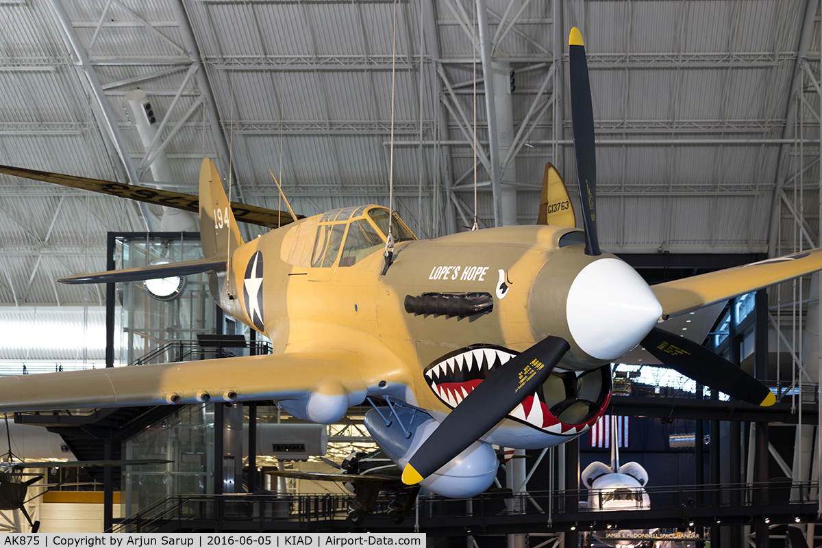 AK875, 1942 Curtiss P-40E Kittyhawk 1A C/N 15349, On display at Steven F. Udvar-Hazy Center, National Air and Space Museum.