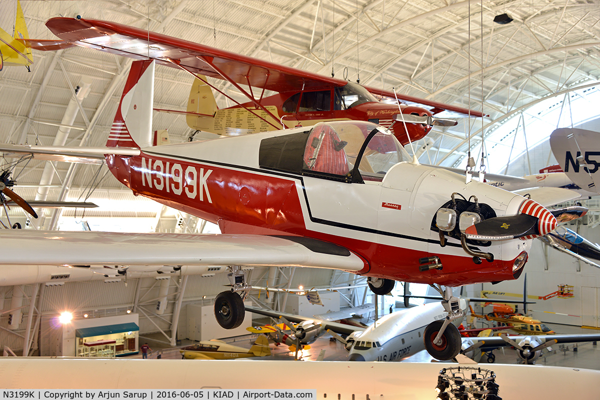N3199K, 1968 Mooney M-18C C/N 201, On display at Steven F. Udvar-Hazy Center, National Air and Space Museum. This was the first Mite built. It had a manually retractable tricycle landing gear.