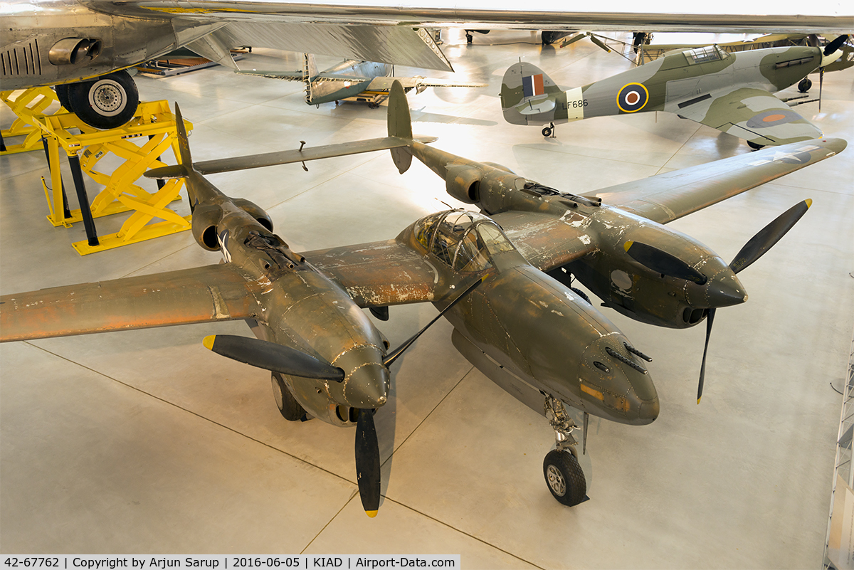 42-67762, Lockheed P-38J Lightning C/N 2273, On display in the World War II section at Steven F. Udvar-Hazy Center, National Air and Space Museum.