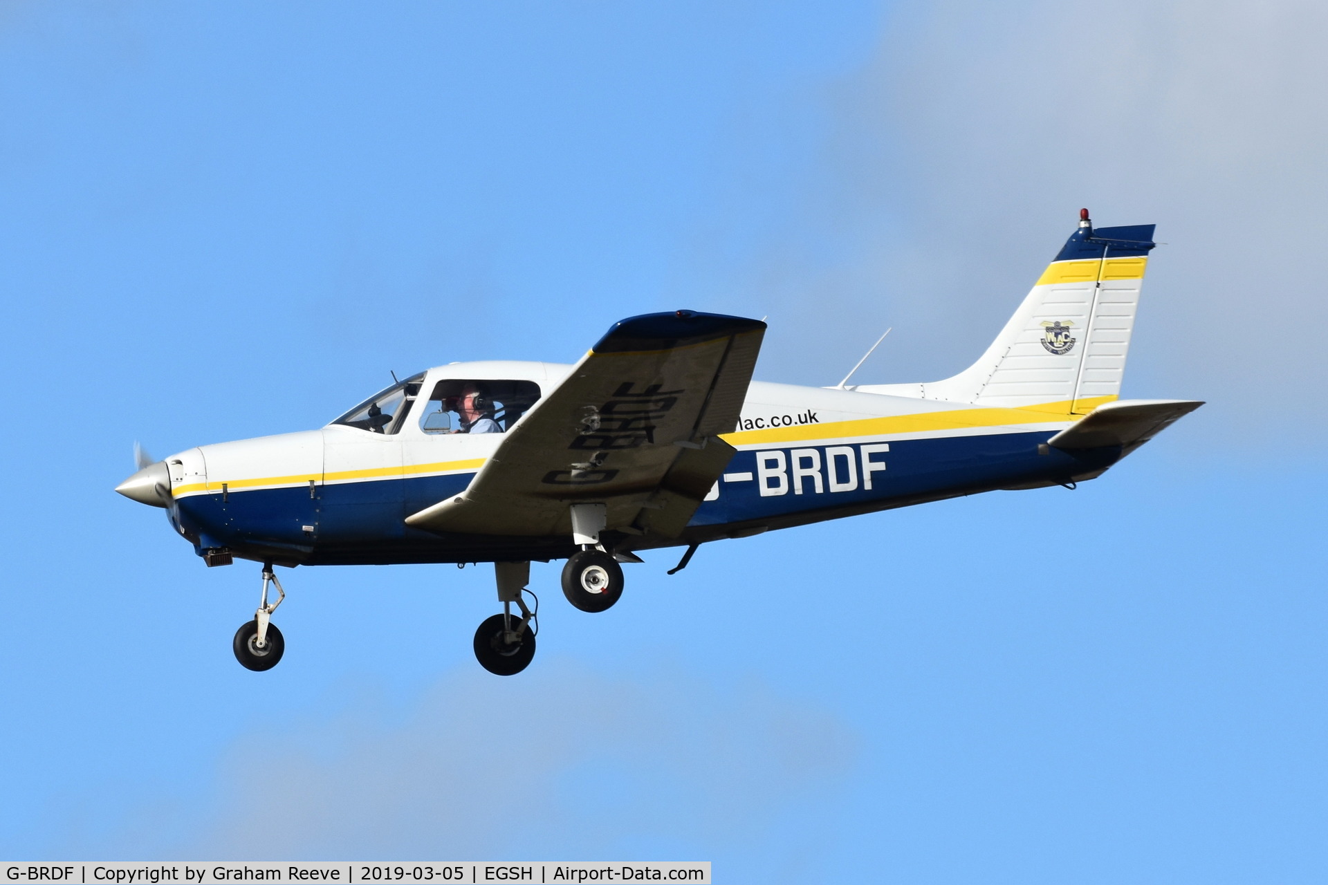 G-BRDF, 1977 Piper PA-28-161 Cherokee Warrior II C/N 28-7716085, Landing at Norwich.