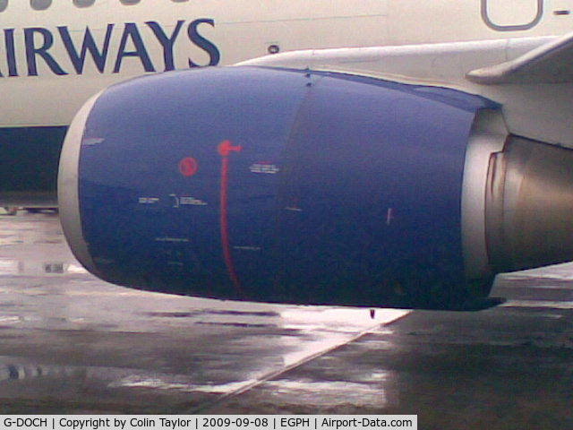 G-DOCH, 1991 Boeing 737-436 C/N 25428, Port Engine Nacelle, showing warning markings