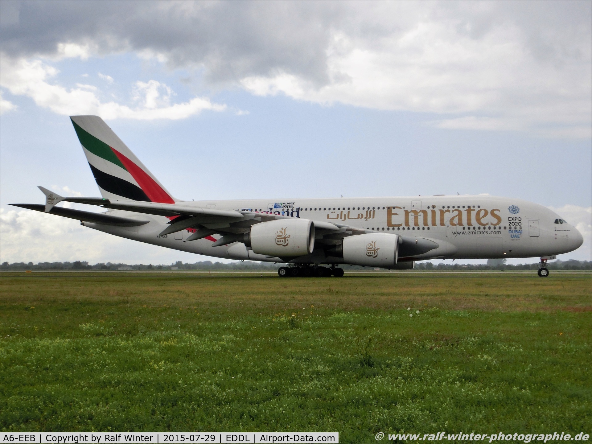 A6-EEB, 2012 Airbus A380-861 C/N 109, Airbus A380-861 - EK UAE Emirates 'Rugby World Cup 2015' - 109 - A6-EEB - 29.07.2015 - DUS