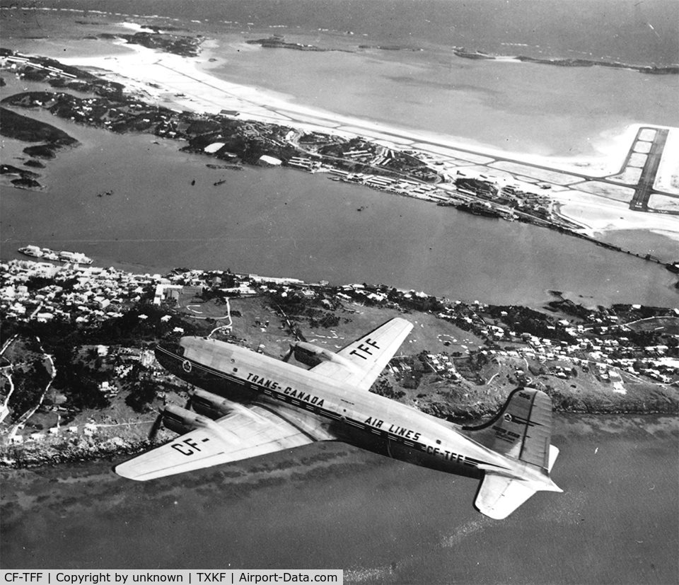 CF-TFF, 1947 Canadair DC-4M-1 North Star C/N 130, Approaching Kindley Air Force Base, Bermuda. 1950