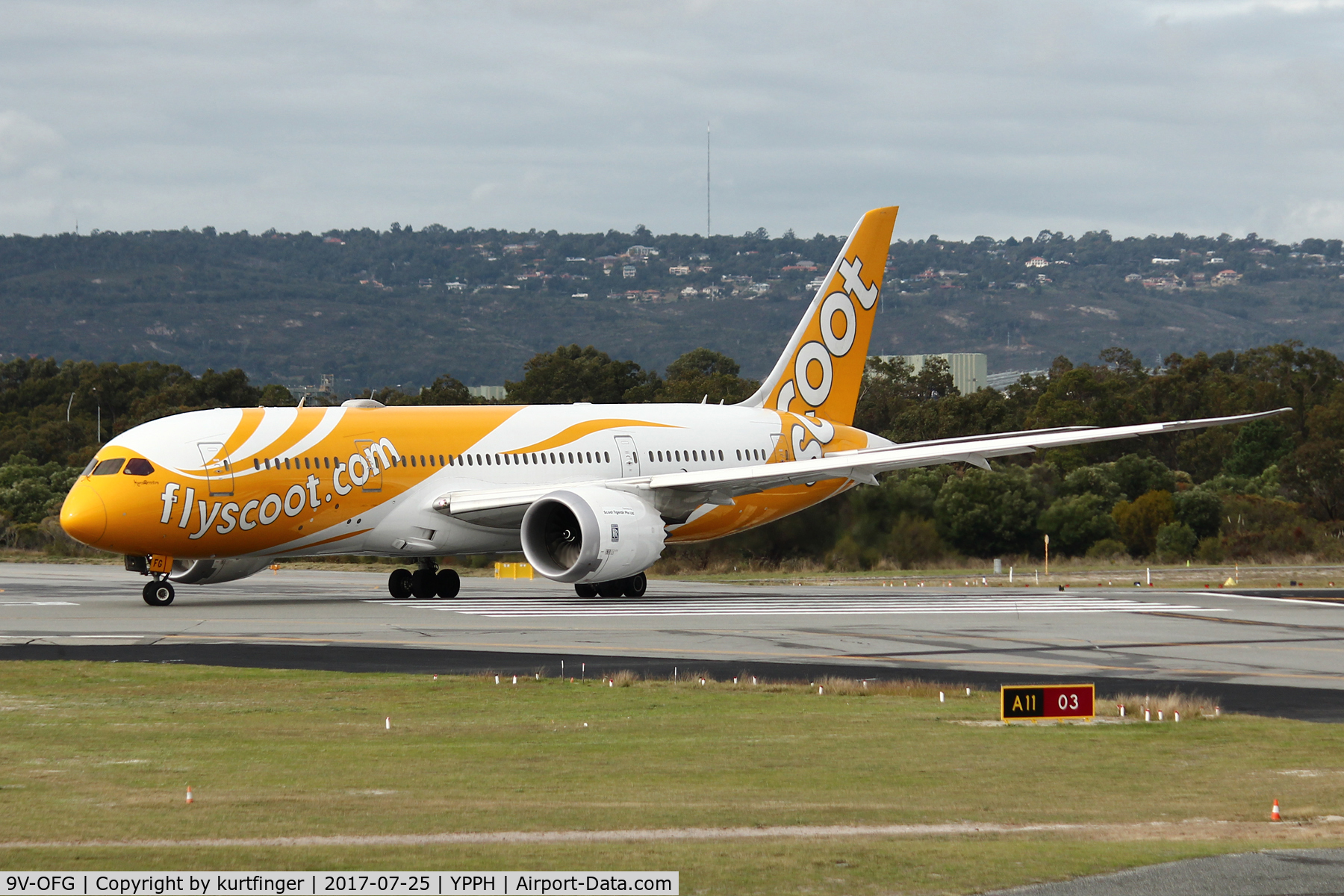 9V-OFG, 2016 Boeing 787-9 Dreamliner C/N 37123, Boeing 787-9. Scoot 9V-OFG, lining up on runway 03 YPPH  25/07/17.