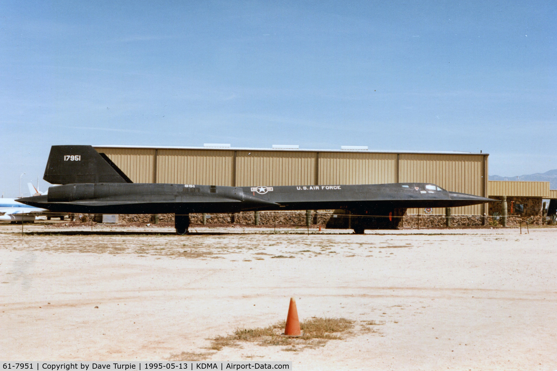 61-7951, 1961 Lockheed SR-71A Blackbird C/N 2002, On display prior to moving the plane inside. The plane was the second SR-71 built and the oldest surviving.  Per Pima Air Museum, it rolled off the assembly line 20 Oct 1964 and first flew on 5 Mar 1965.  It has been on dislay at the museum since 1991.