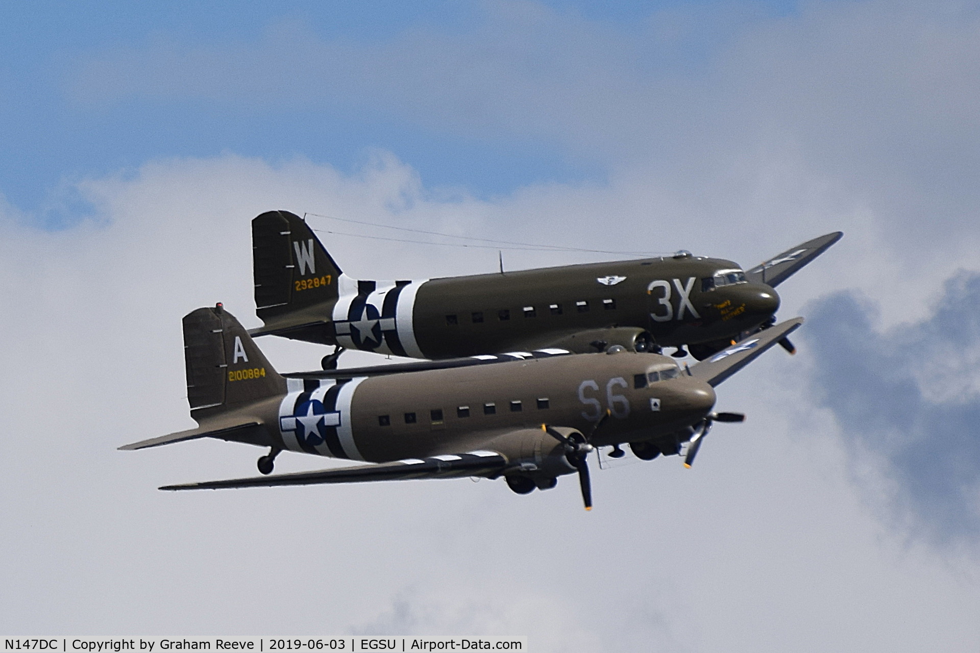 N147DC, 1943 Douglas C-47A-75-DL Skytrain C/N 19347, N147DC and N47TB in formation over Duxford.