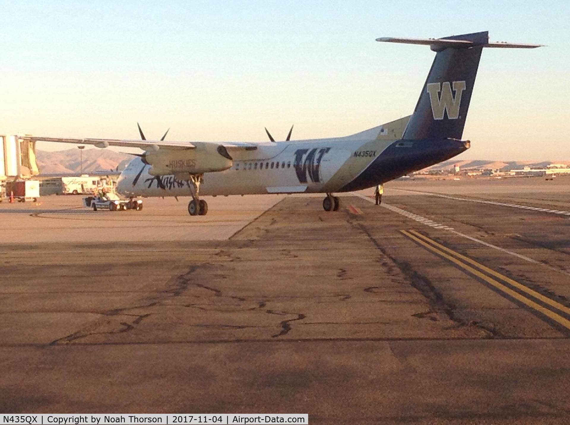 N435QX, 2008 Bombardier DHC-8-402 Dash 8 C/N 4232, Being pulled through tarmac at Boise Regional Airport.