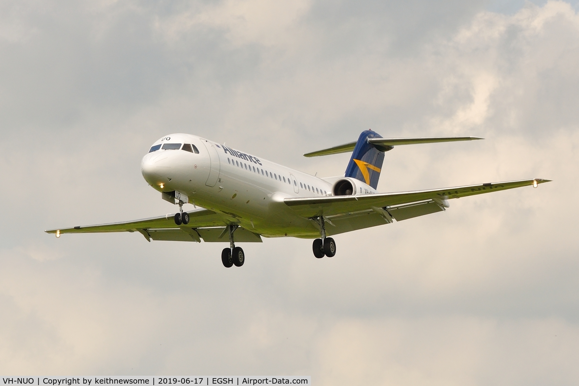 VH-NUO, 1995 Fokker 70 (F-28-0070) C/N 11529, Returning to Norwich following air test.