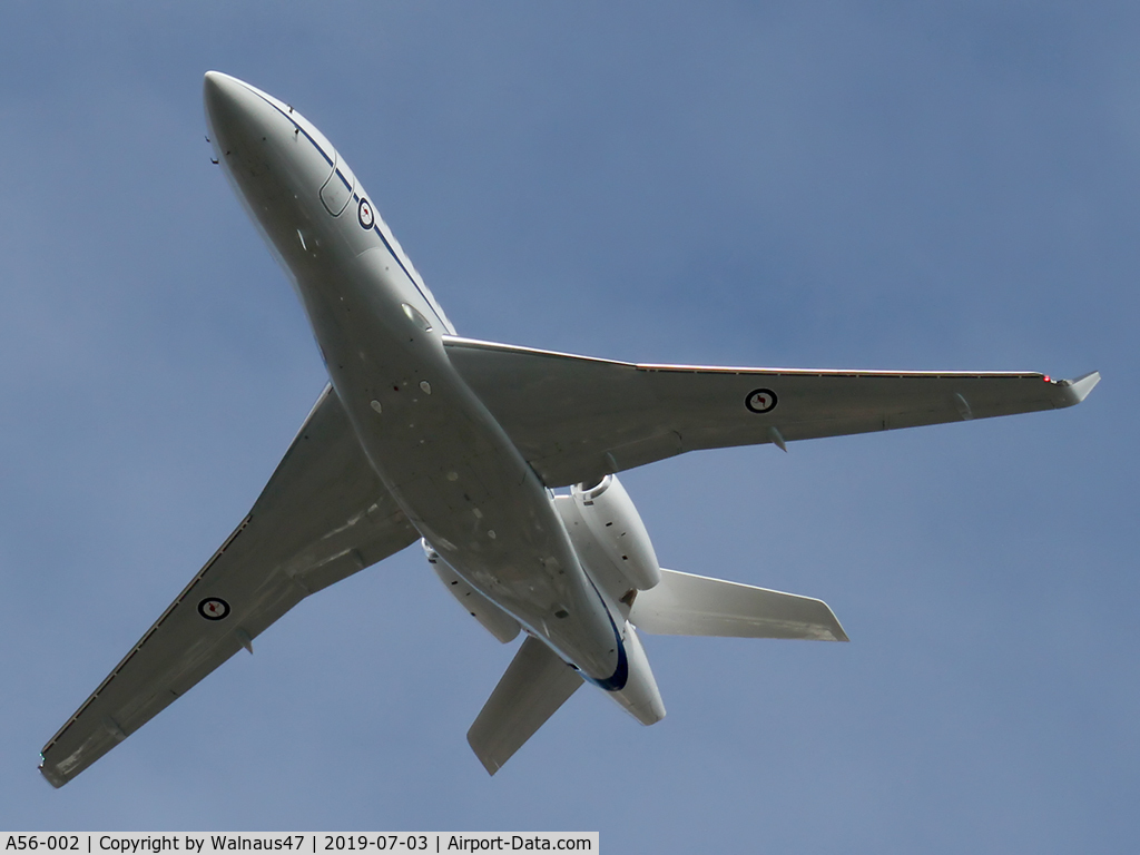 A56-002, 2018 Dassault Falcon 7X C/N 284, Front under-side view of RAAF 34 Squadron Dassault Falcon 7X Serial A56-002 Cn 284, shown flying over Russell Offices Canberra on the morning of 03Jul2019. The Flypast was for the Chief of Air Force ‘Change of Command’ Ceremony, at 1026 hrs.