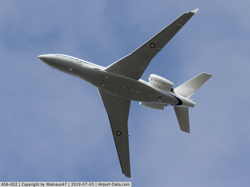 A56-002, 2018 Dassault Falcon 7X C/N 284, Port under-side view of RAAF 34 Squadron Dassault Falcon 7X Serial A56-002 Cn 284, shown flying over Russell Offices Canberra on the morning of 03Jul2019. The Flypast was for the Chief of Air Force ‘Change of Command’ Ceremony, at 1026 hrs.