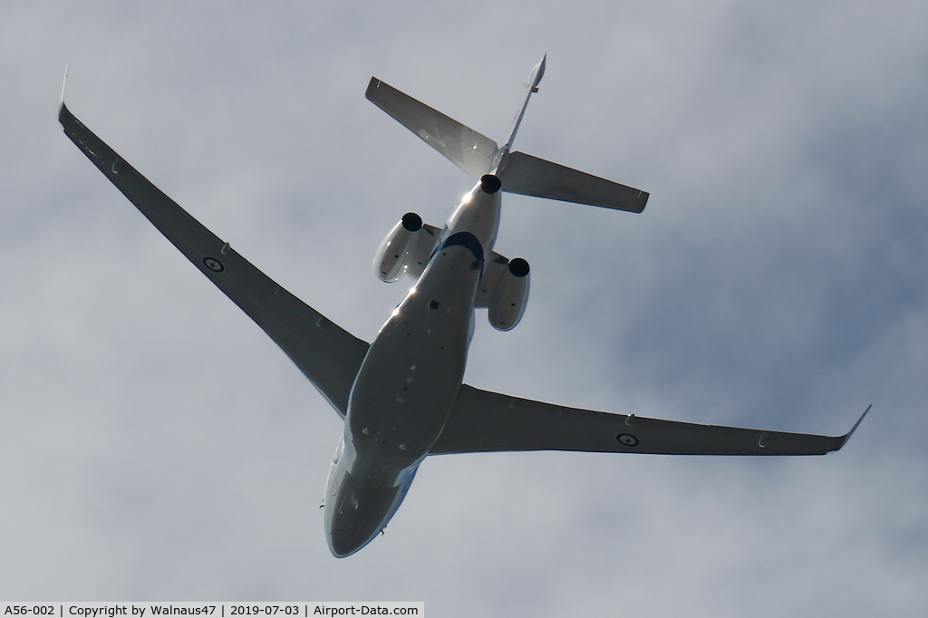 A56-002, 2018 Dassault Falcon 7X C/N 284, Rear view of RAAF 34 Squadron Dassault Falcon 7X Serial A56-002 Cn 284, shown flying over Russell Offices Canberra on the morning of 03Jul2019. The Flypast was for the Chief of Air Force ‘Change of Command’ Ceremony, at 1026 hrs.