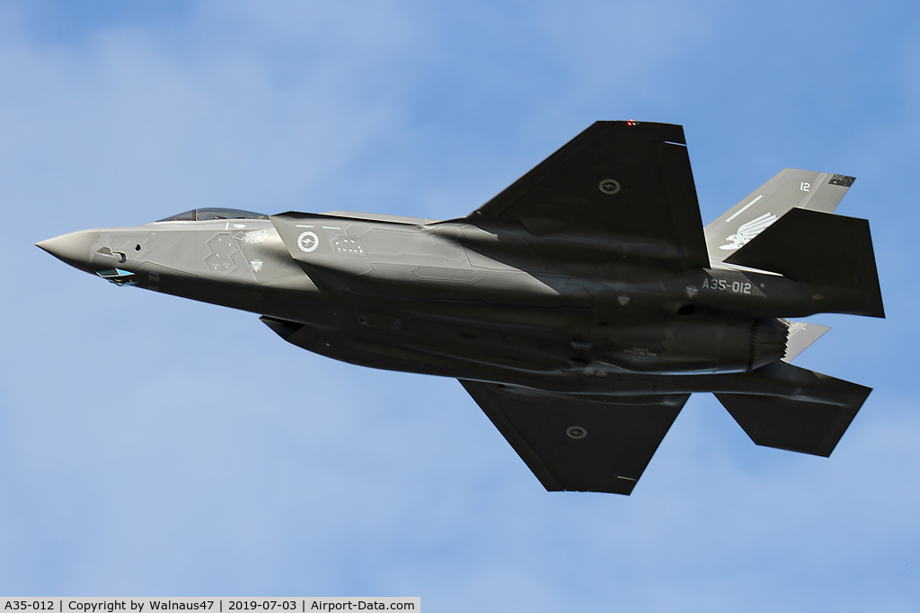 A35-012, 2019 Lockheed-Martin F-35A Lightning II C/N AU-12, Port view of RAAF Lockheed Martin F-35A Lightning II A35-012 Cn AU-12, shown flying over Russell Offices Canberra ACT on the morning of 03Jul2019. The Flypast was for the Chief of Air Force ‘Change of Command’ Ceremony. (Low Res)
