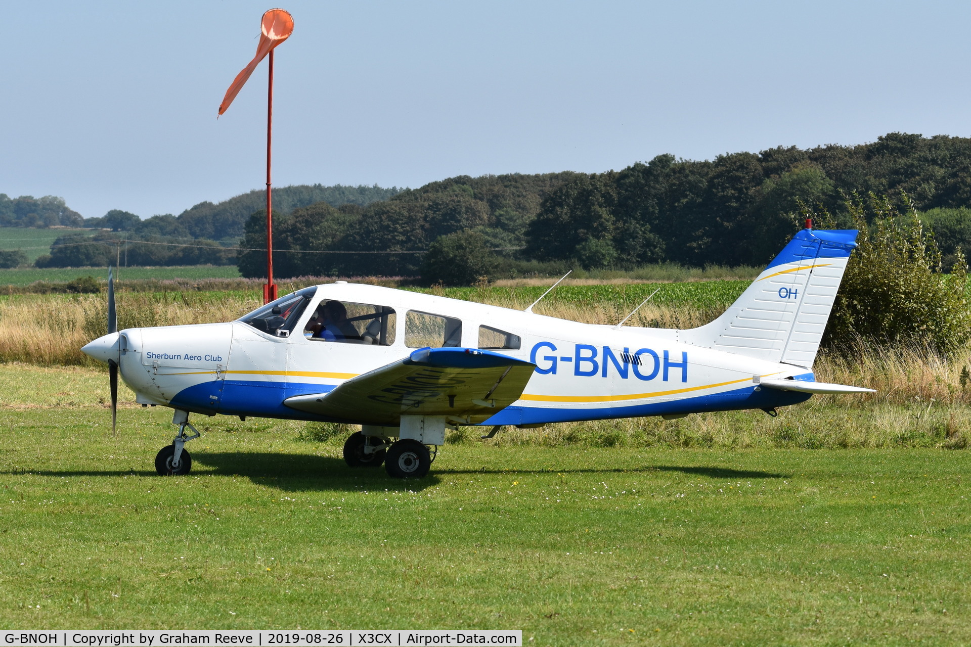 G-BNOH, 1987 Piper PA-28-161 Cherokee Warrior II C/N 2816016, Just landed at Northrepps.