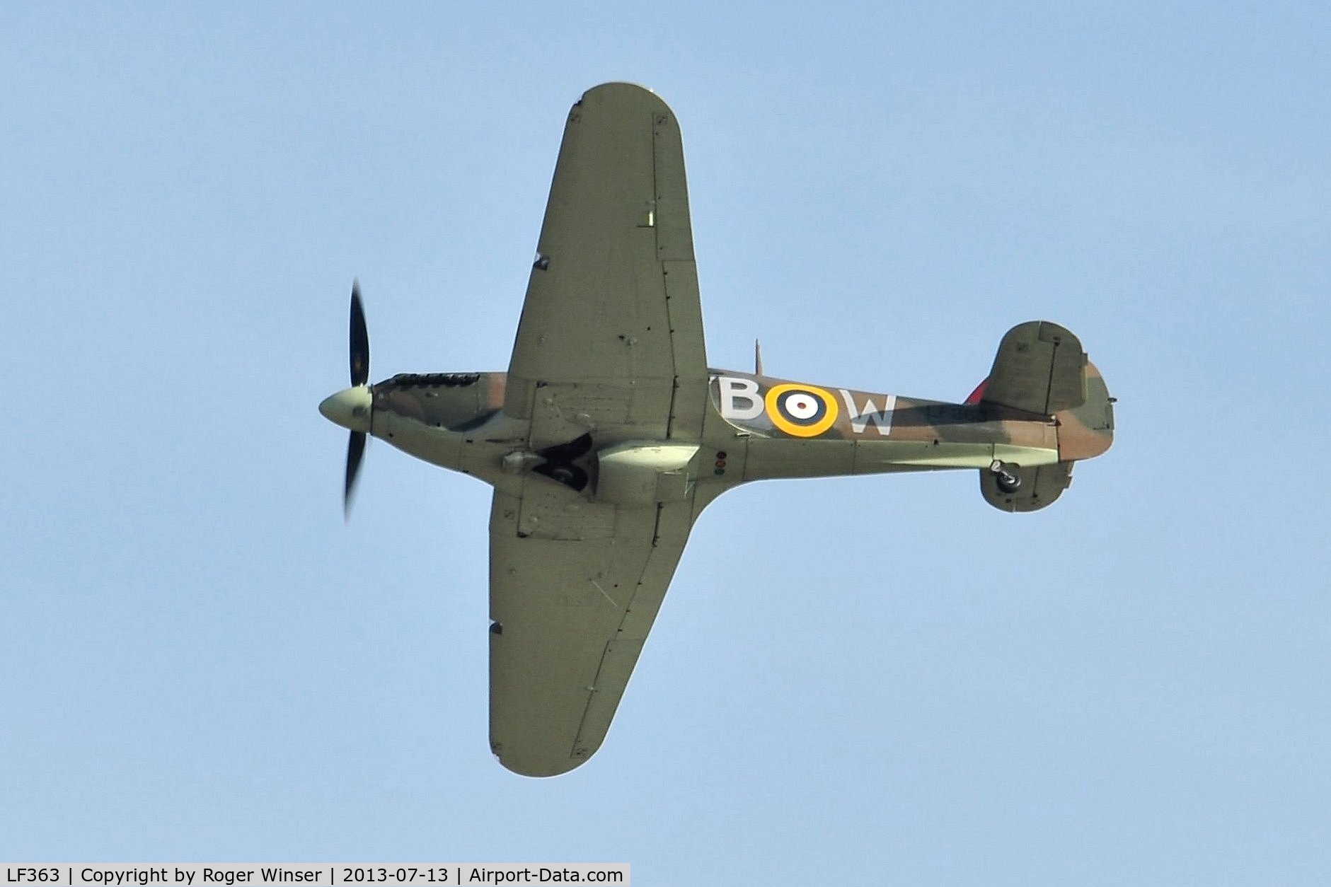 LF363, 1944 Hawker Hurricane IIC C/N 41H/469290, Off airport. Battle of Britain Memorial Flight Hurricane aircraft coded YB-W displaying on day 1 of the Wales National Air Show held over Swansea Bay, Wales, UK.