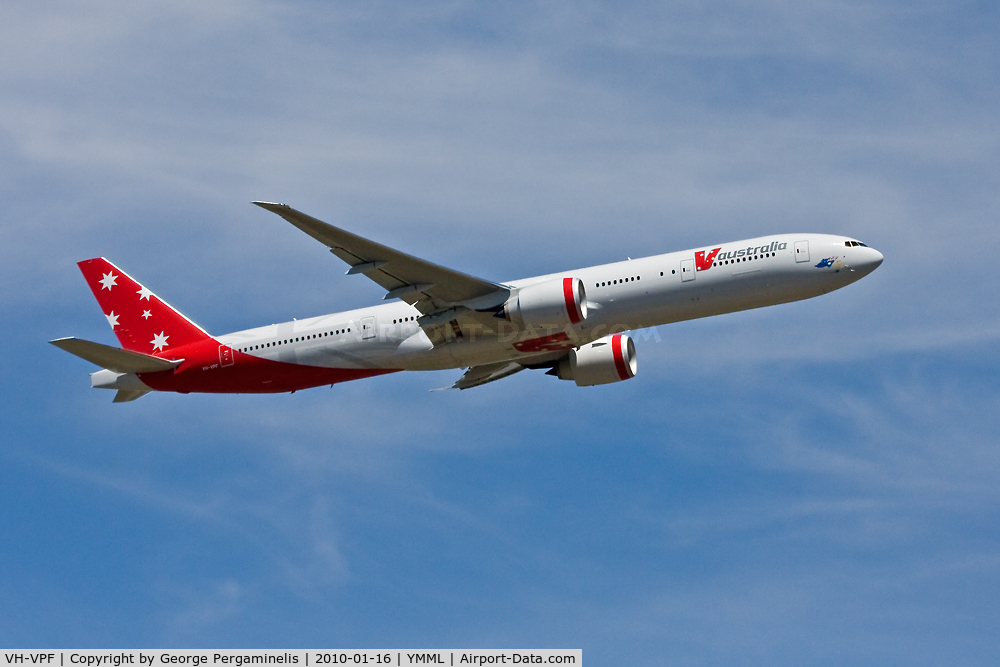 VH-VPF, 2009 Boeing 777-3ZG/ER C/N 37940, Climbing from runway 34.