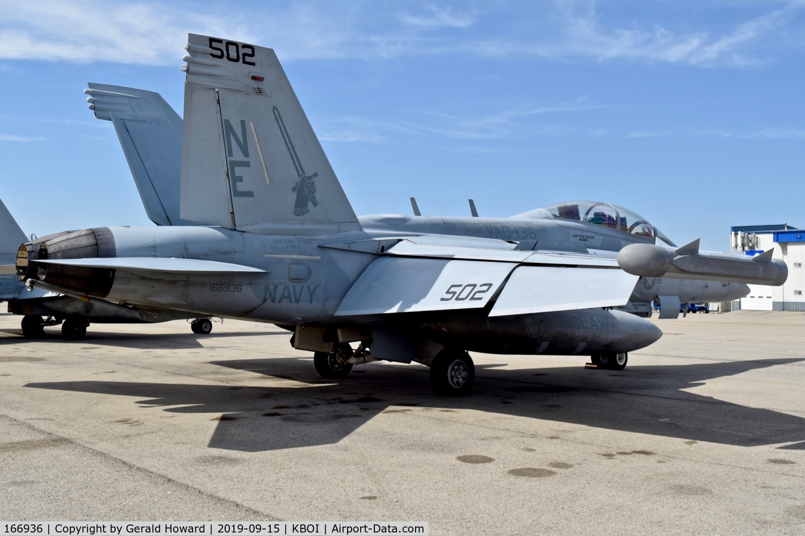 166936, Boeing EA-18G Growler C/N G-21, Parked on north GA ramp. NE-502, VAQ-136, CVW2, USS Carl Vinson.