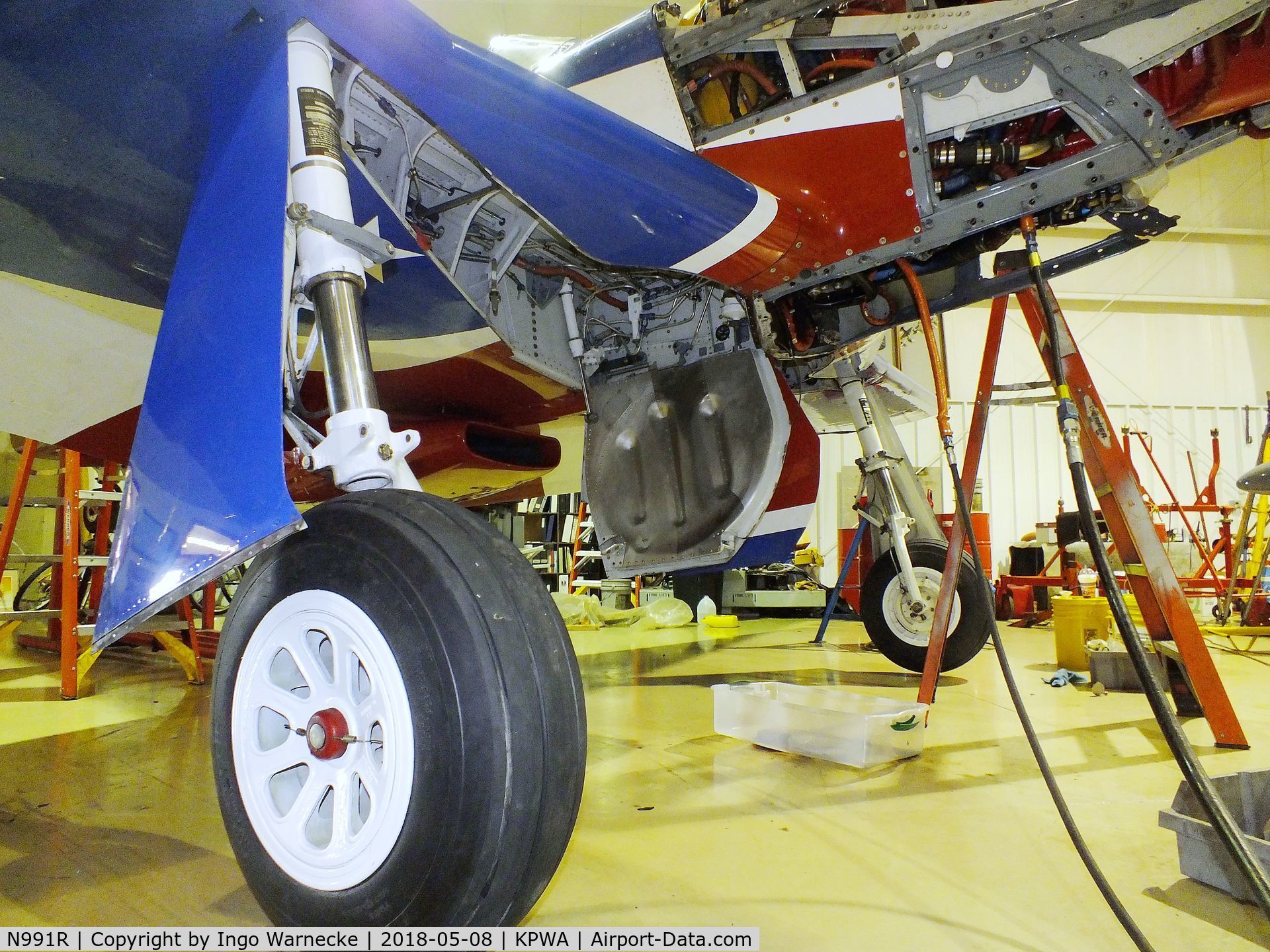 N991R, 1993 North American P-51D Mustang C/N 122-41076, North American P-51D Mustang racer 'Miss America' undergoing maintenance at the Oklahoma Museum of Flying, Oklahoma City OK