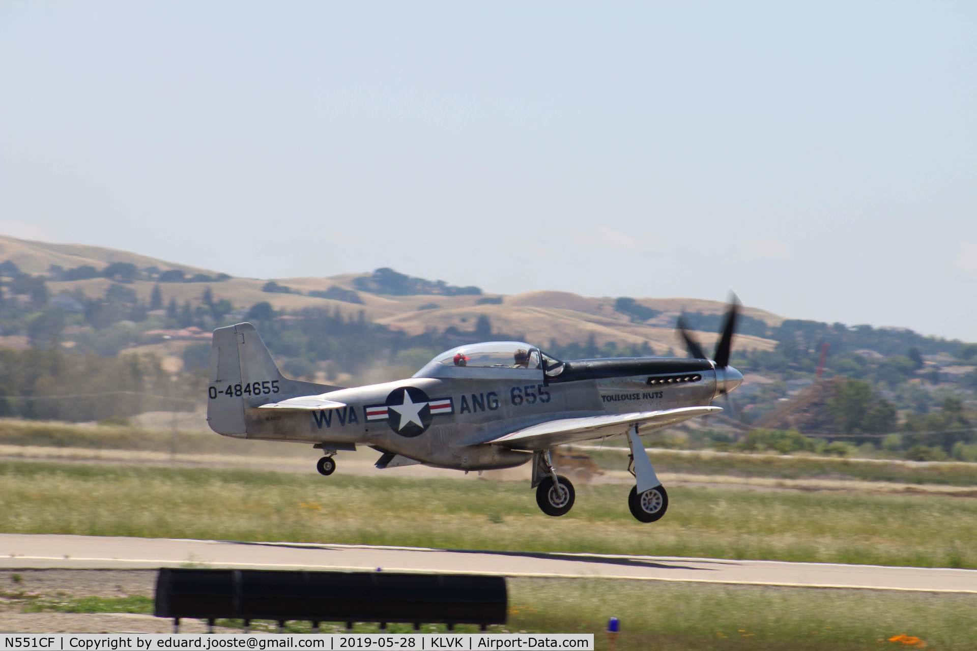 N551CF, 1944 North American TF-51D Mustang C/N 122-44511, Beautiful take-off run of this P-51 during the Wings of Freedom tour at KLVK.