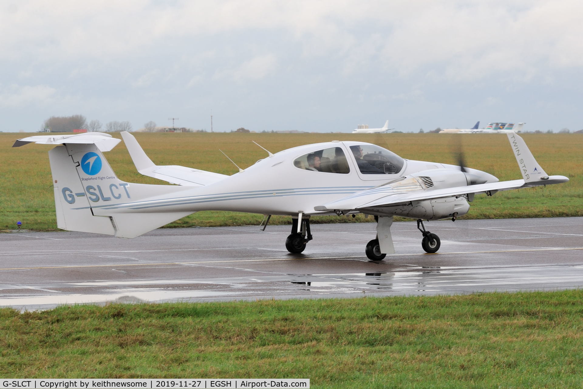 G-SLCT, 2005 Diamond DA-42 Twin Star C/N 42.031, Leaving Norwich for Cambridge.