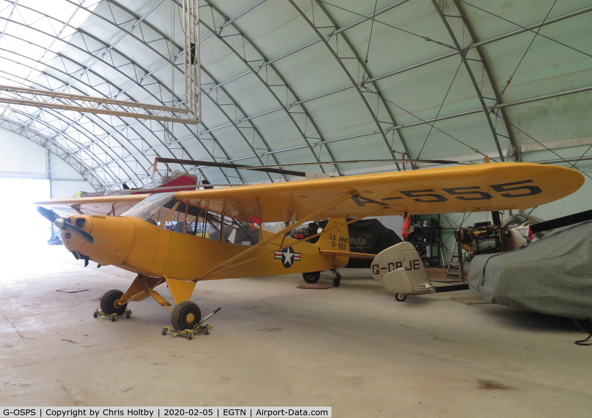 G-OSPS, 1951 Piper L-18C Super Cub (PA-18-95) C/N 18-1555, 1951 Super Cub now parked in Enstone Flying Club's hangar