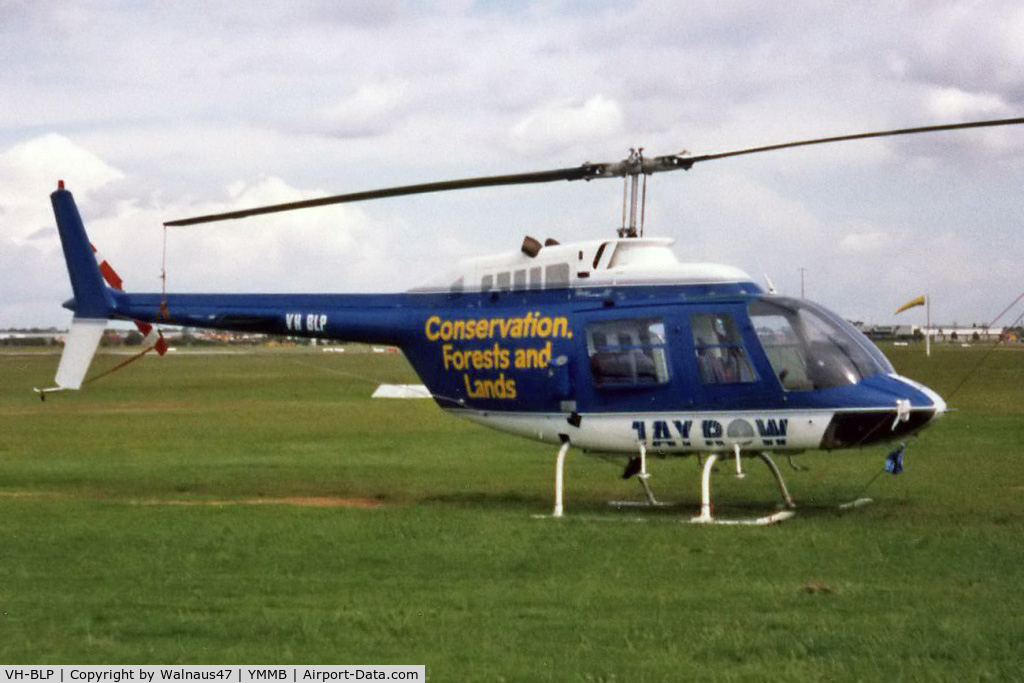 VH-BLP, 1980 Bell 206B JetRanger III C/N 3092, Stbd side view of Jayrow Bell 206B JetRanger II helicopter VH-BLP Cn 3092 at the Jayrow Heli Base at Moorabbin YMMB in 1986. The helo was being operated for the Department of Conservation, Forests and Lands. This helo was still operated by Jayrow in 2008.