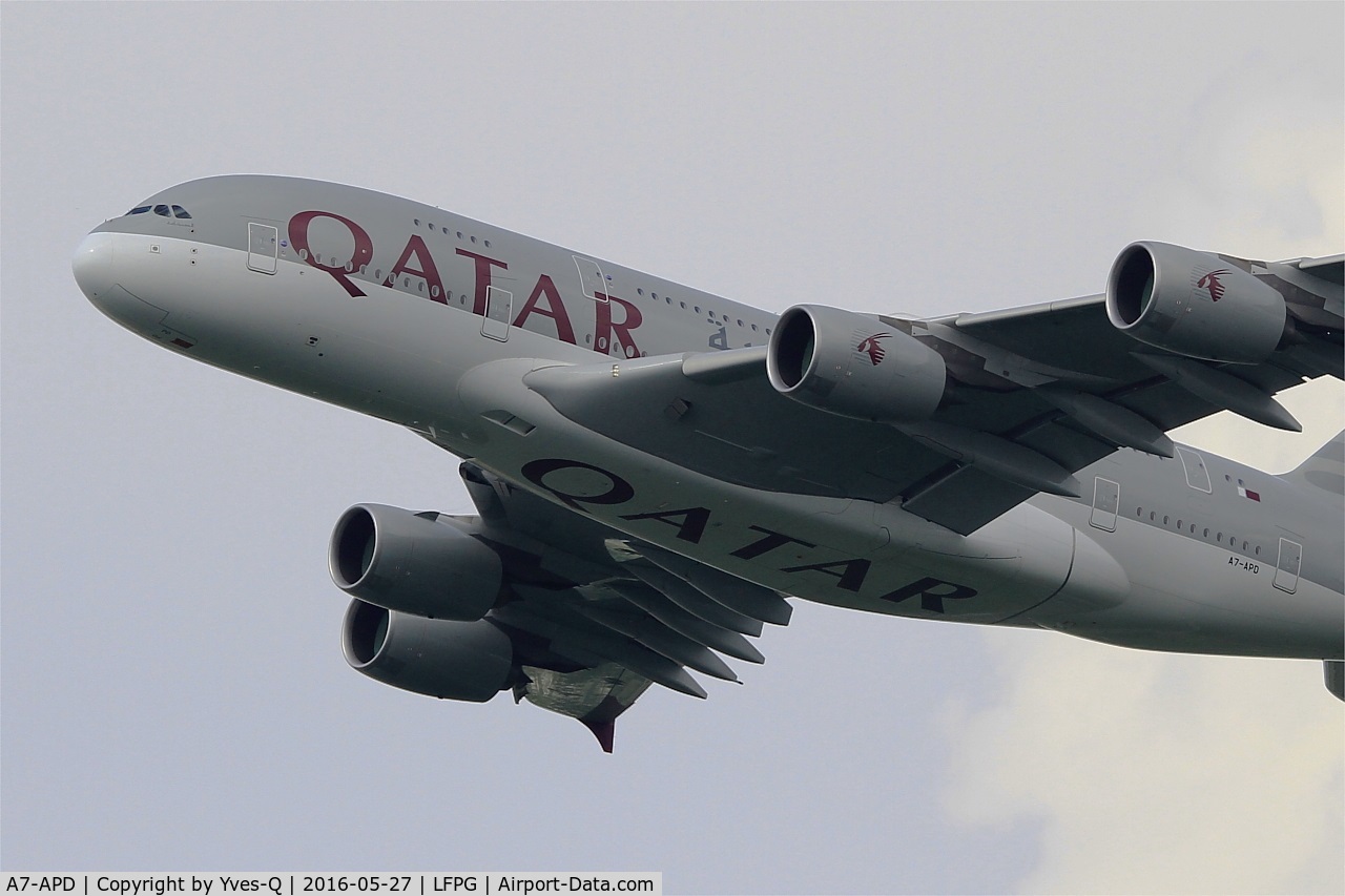 A7-APD, 2014 Airbus A380-861 C/N 160, Airbus A380-861, Take off rwy 27L, Roissy Charles De Gaulle airport (LFPG-CDG)