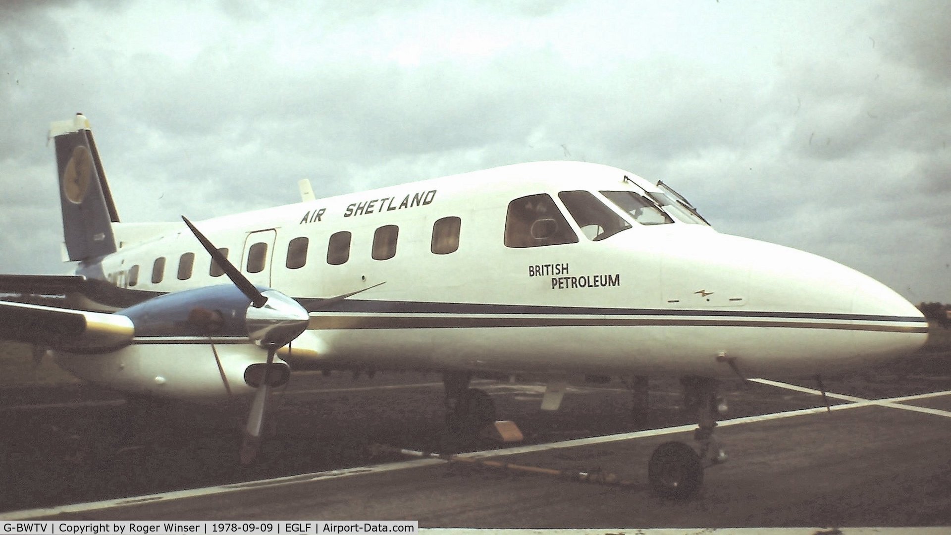 G-BWTV, 1977 Embraer EMB-110P2 Bandeirante C/N 110153, Bandeirante aircraft operated by Air Shetland on display at the 1978 Farnborough Air Show.