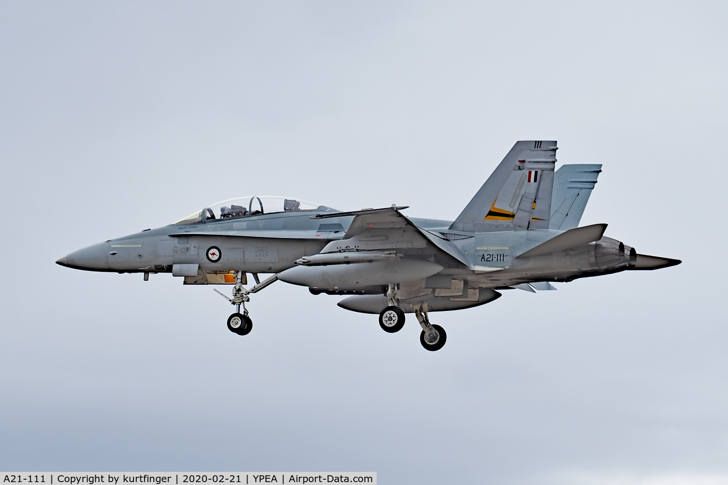A21-111, McDonnell Douglas F/A-18B Hornet C/N 423/ATF111, McDonnell FA-18B serial A21-111, 75 sqn YPEA 21/02/2020.