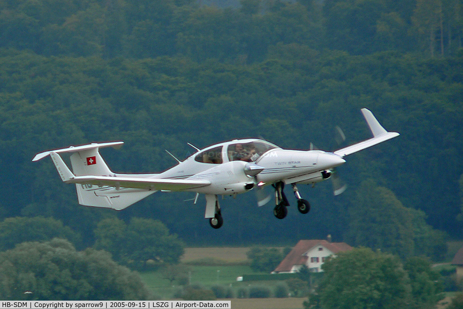 HB-SDM, 2005 Diamond DA-42 Twin Star C/N 42.039, Taking-off Grenchen a month after its HB-registration.