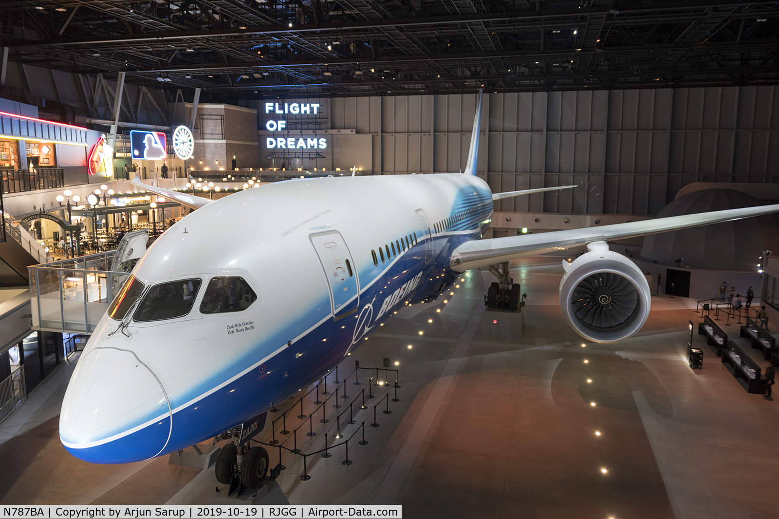 N787BA, 2009 Boeing 787-8 Dreamliner C/N 40690, On display at Flight of Dreams at Chubu Centrair airport.  This is the prototype 787-8 that was donated by Boeing to Nagoya after Japan’s aerospace industry played a large part in developing and financing the Dreamliner.