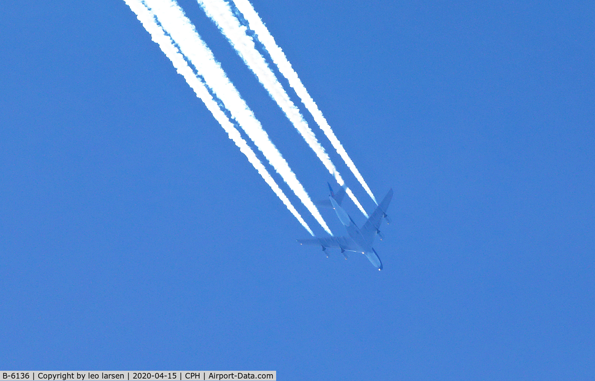 B-6136, 2011 Airbus A380-841 C/N 031, Overflying CPH 15.4.2020 FL 38.000 Ft  bound for
Guangzhou.