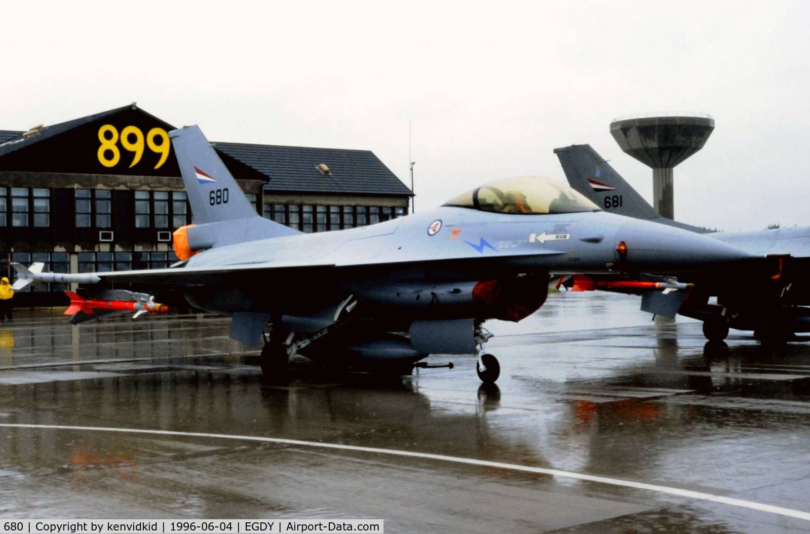 680, 1980 General Dynamics F-16AM Fighting Falcon C/N 6K-52, On static display at the RNAS Yeovilton 1994 50th Anniversary of D Day photocall. It rained all day.