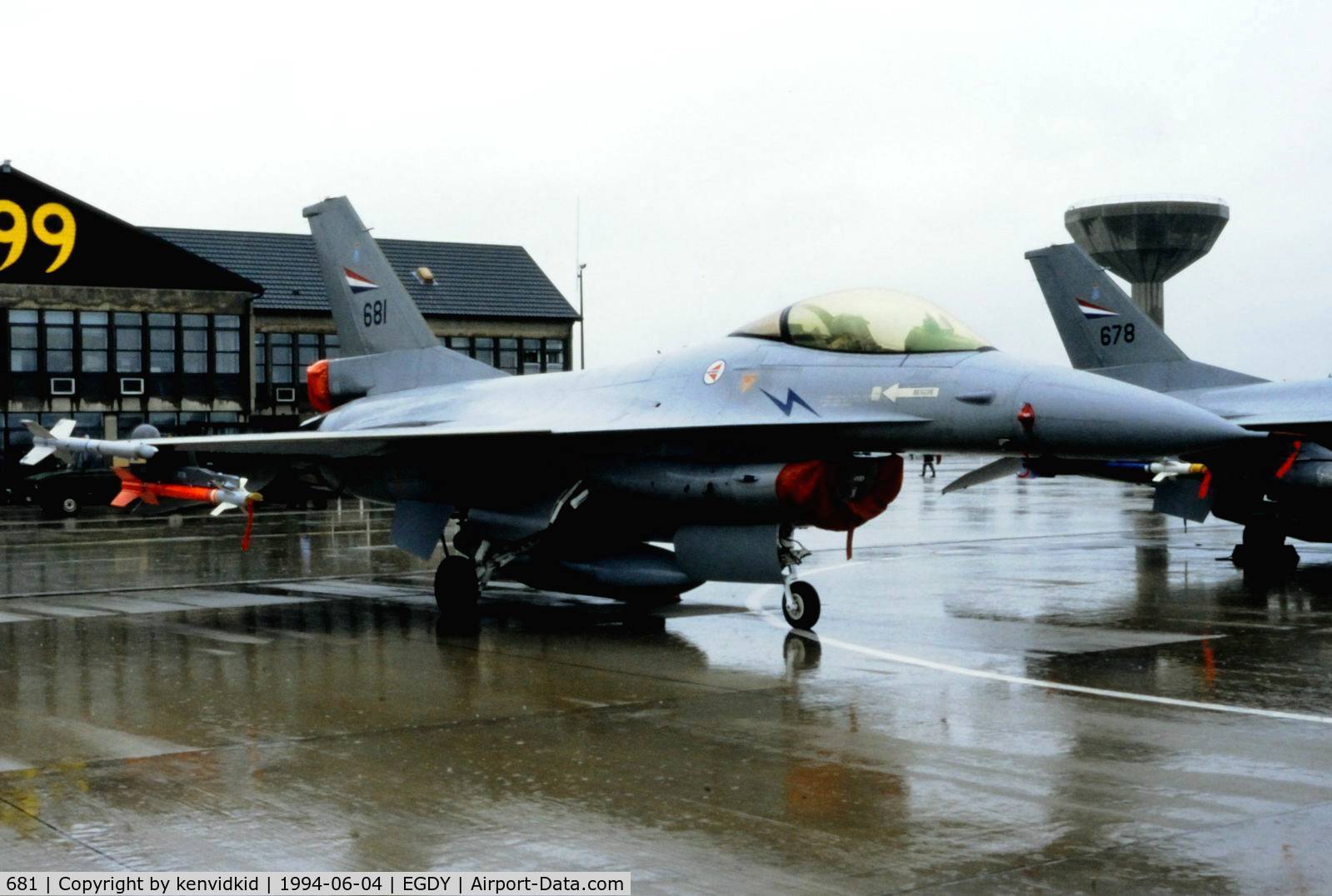 681, 1980 General Dynamics F-16AM Fighting Falcon C/N 6K-53, On static display at the RNAS Yeovilton 1994 50th Anniversary of D Day photocall. It rained all day.