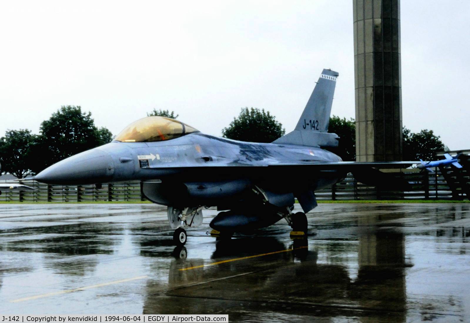 J-142, General Dynamics F-16AM Fighting Falcon C/N 6D-132, On static display at the RNAS Yeovilton 1994 50th Anniversary of D Day photocall. It rained all day.