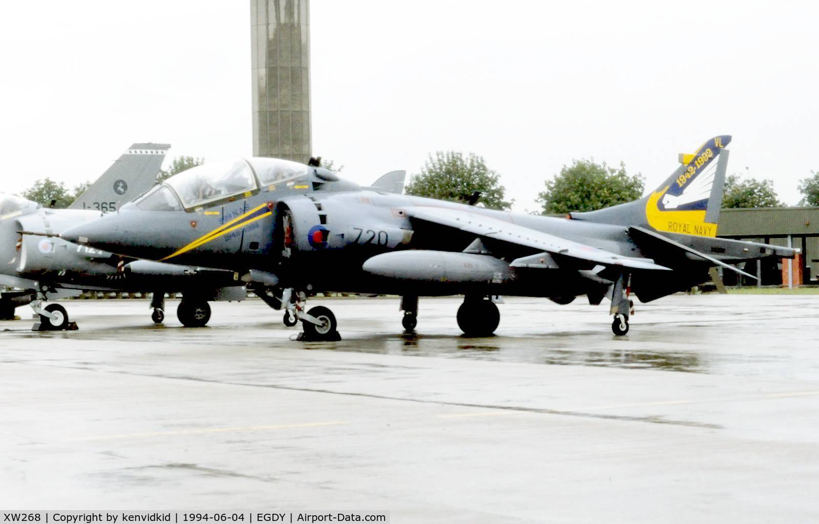 XW268, 1970 Hawker Siddeley Harrier T.4N C/N 212007, On static display at the RNAS Yeovilton 1994 50th Anniversary of D Day photocall. It rained all day.