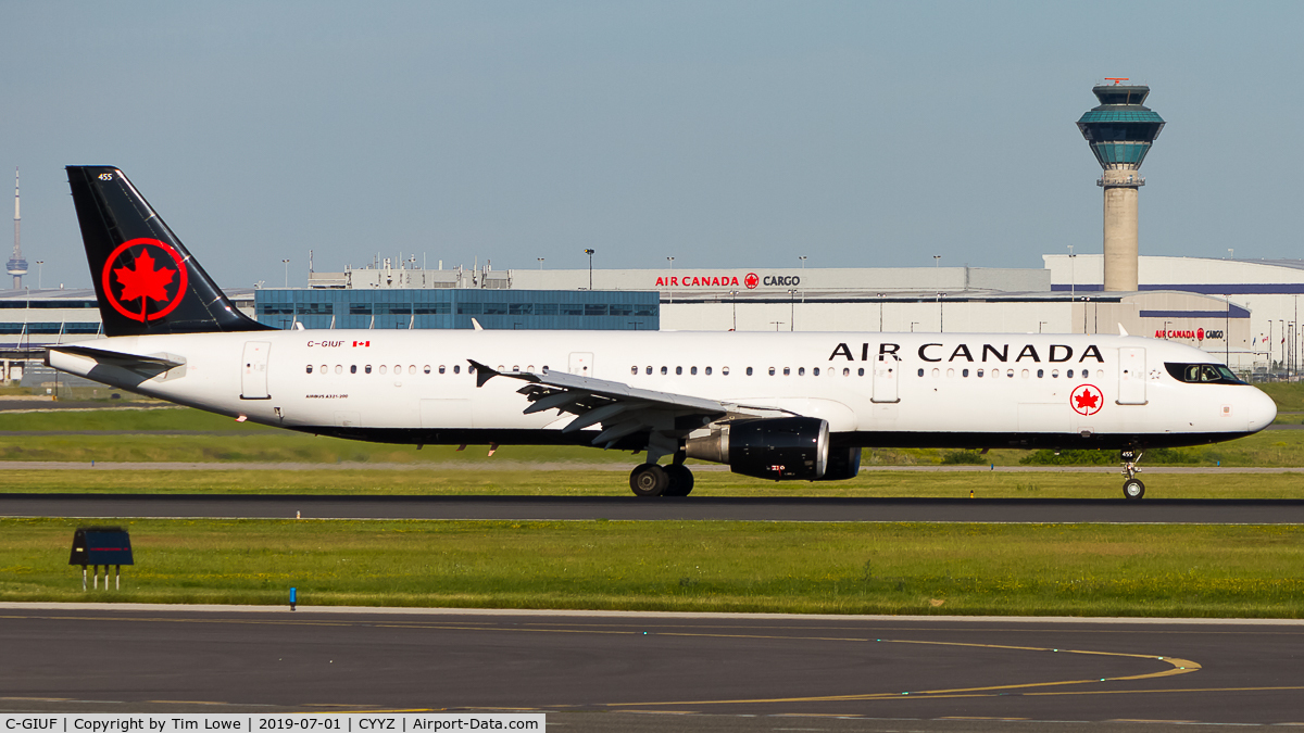 C-GIUF, 2001 Airbus A321-211 C/N 1638, Vacating runway 23 with the CYYZ ATC Tower and the CN Tower in the background.