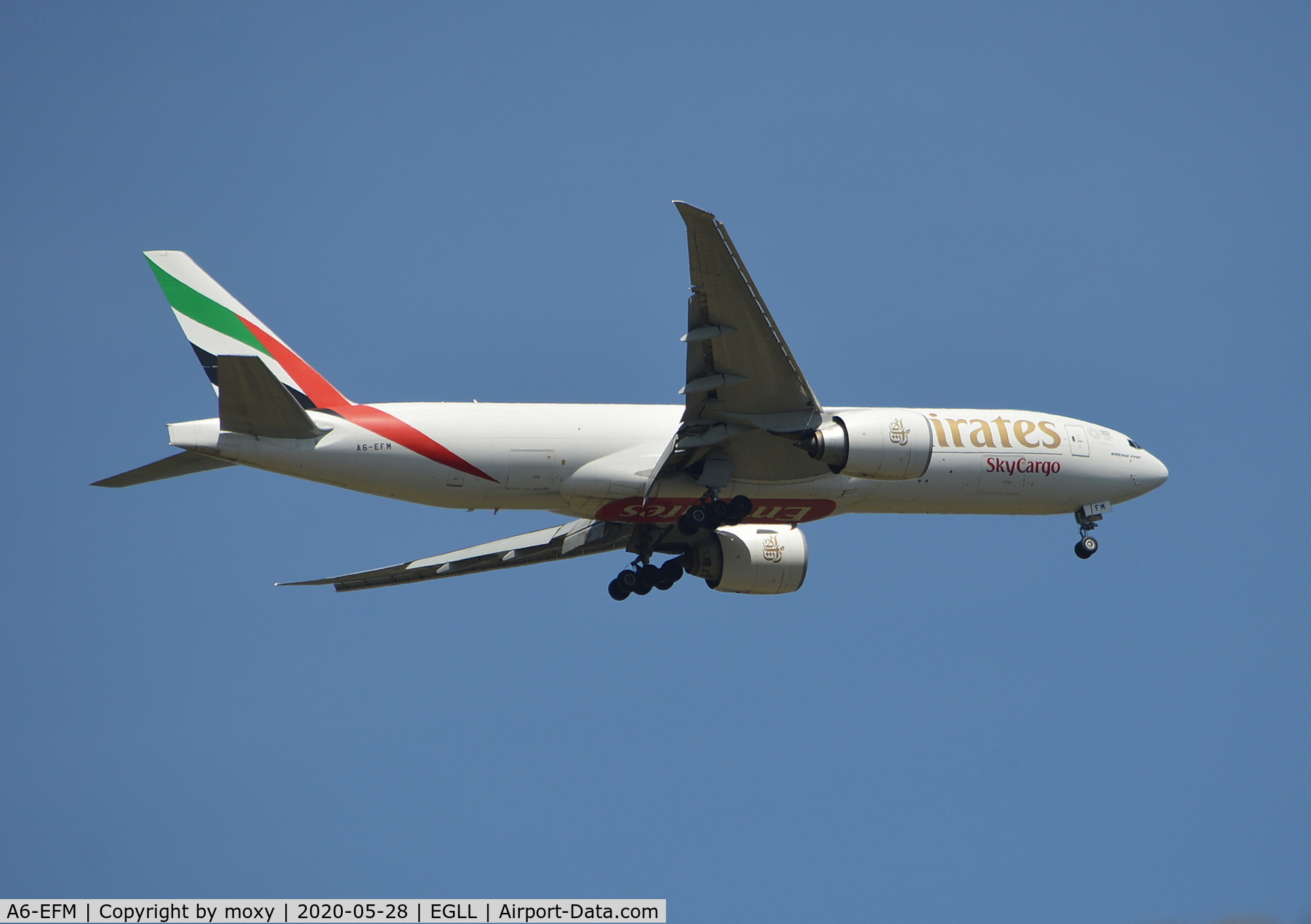 A6-EFM, 2013 Boeing 777-F1H C/N 42231, Boeing 777-F1H on finals to 9R London Heathrow.