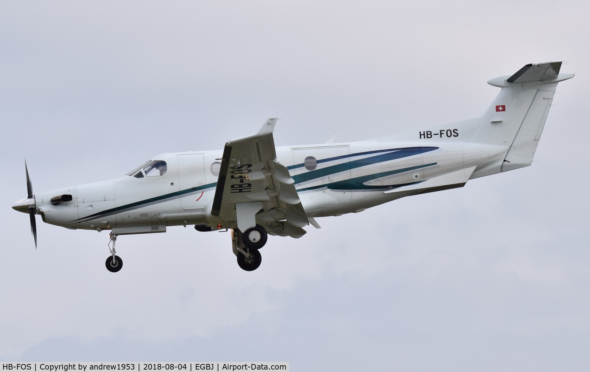 HB-FOS, 2000 Pilatus PC-12/45 C/N 366, HB-FOS landing at Gloucestershire Airport.