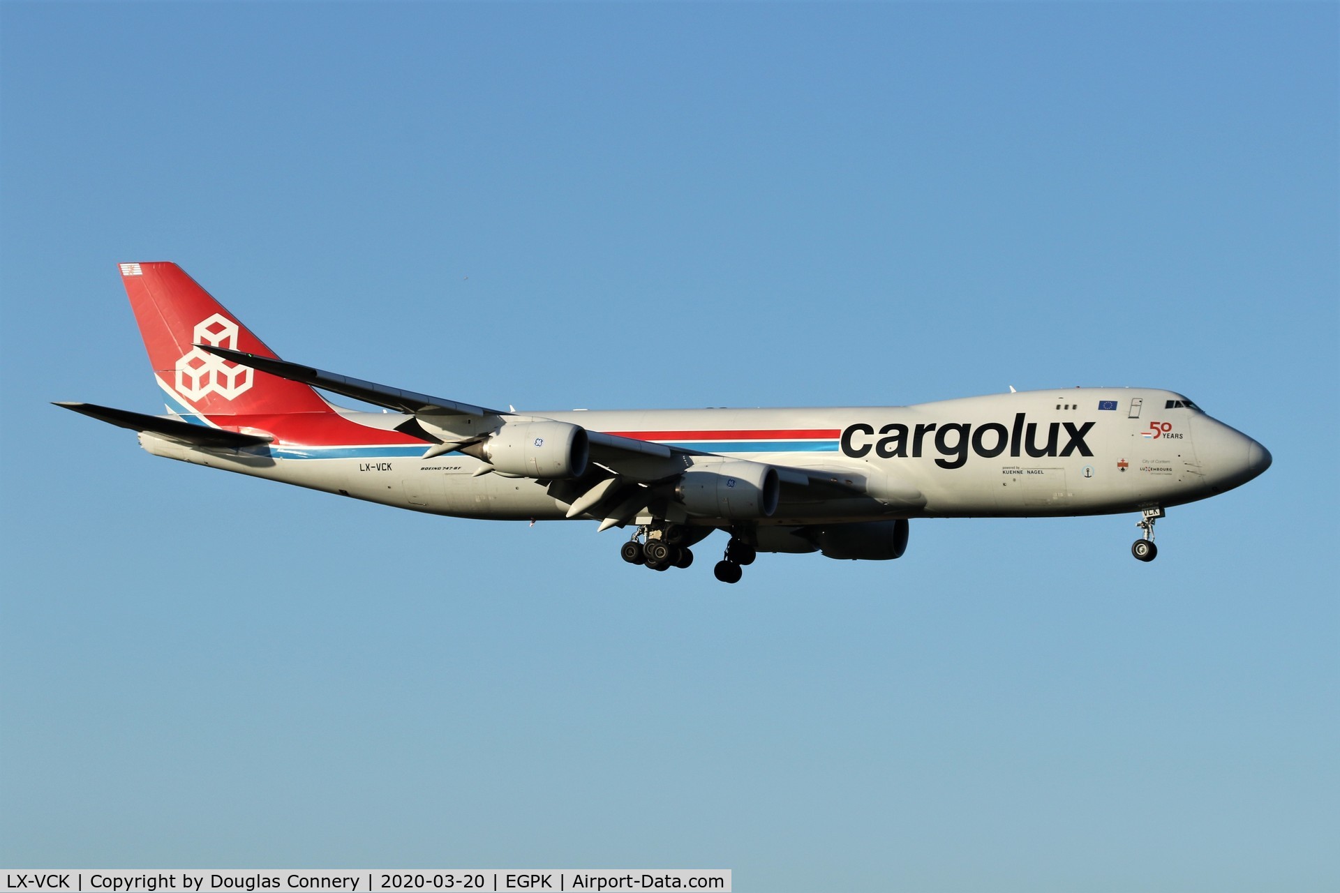 LX-VCK, 2014 Boeing 747-8R7F C/N 38078, On approach for runway 12 at Prestwick