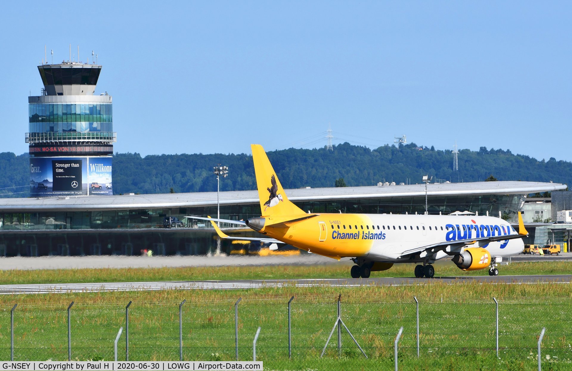 G-NSEY, 2014 Embraer 195STD (ERJ-190-200STD) C/N 19000671, Aurigny Erj195 lining up for take of at Graz airport LOWG in Austria