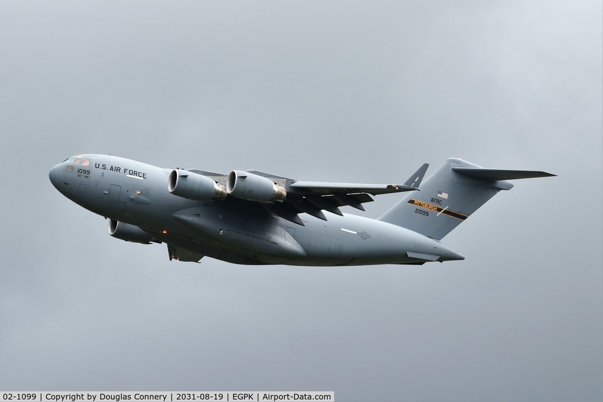 02-1099, 2002 Boeing C-17A Globemaster III C/N P-99, Departing Prestwick in rather grey skies C/S RCH125