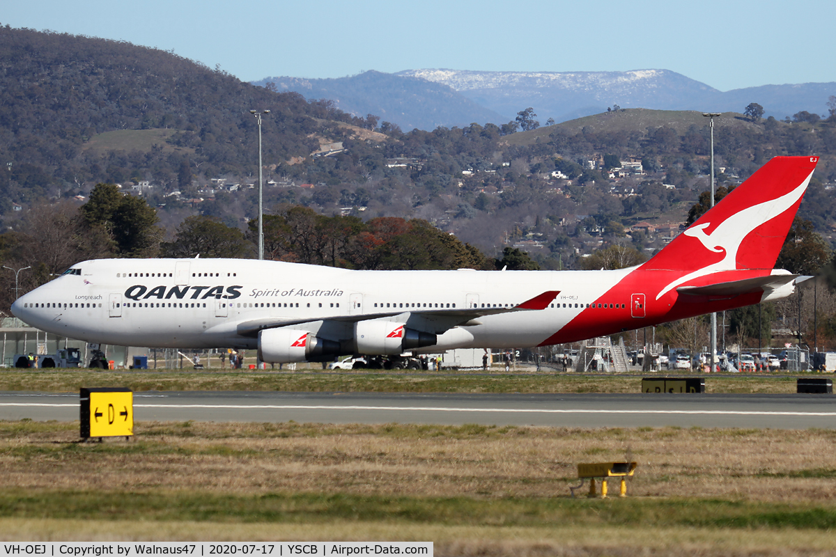 VH-OEJ, 2003 Boeing 747-438/ER C/N 32914, Qantas B747-438 VH-OEJ Cn 32914 taxies out from Canberra International Airport YSCB on 17Jul2020, before departing for the last ever Qantas Boeing 747 Passenger Flight.