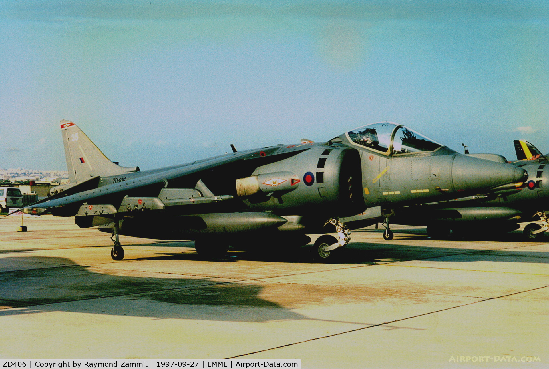 ZD406, 1989 British Aerospace Harrier GR.7 C/N P35, Bae Harrier GR.7 ZD406/35 of No 1Sqdn Royal Air Force seen here while participating in the Malta International Airshow 1997.