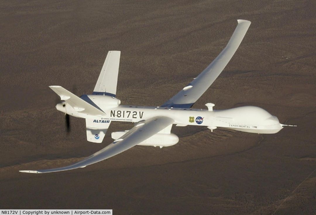 N8172V, 2003 General Atomics Asi ALTAIR UPB97010-1 C/N AA001, The Altair, a civilian variant of the enlarged, upgraded version of the RQ-1A Predator military reconnaissance UAV called the Predator B, has been developed by General Atomics-Aeronautical Systems Inc. (GA-ASI) to meet specific requirements of NASA