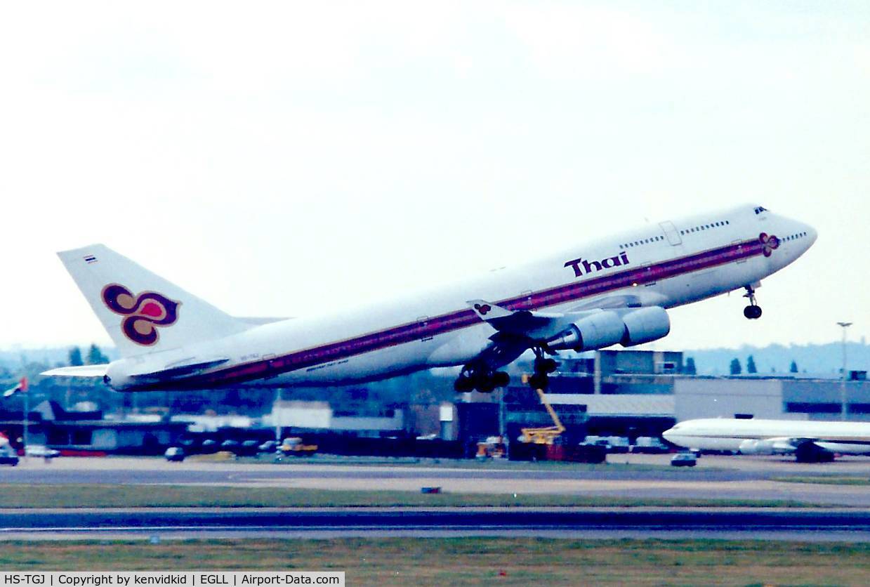 HS-TGJ, 1990 Boeing 747-4D7 C/N 24459, At London Heathrow, early 1990's.