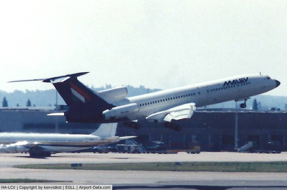 HA-LCV, 1982 Tupolev Tu-154B-2 C/N 82A544, At London Heathrow, early 1990's.