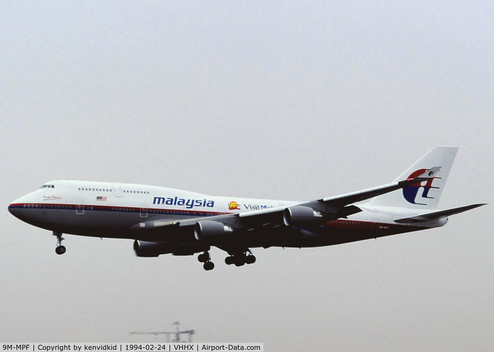 9M-MPF, 1994 Boeing 747-4H6 C/N 27043, At Hong Kong Airport (Kai Tak) on a George Pick Aviation Tour.
