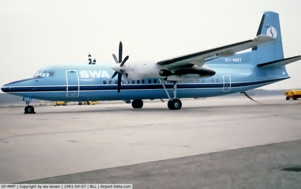 OY-MMT, 1989 Fokker 50 C/N 20149, Billund 7.4.1991 with SWA Titels.