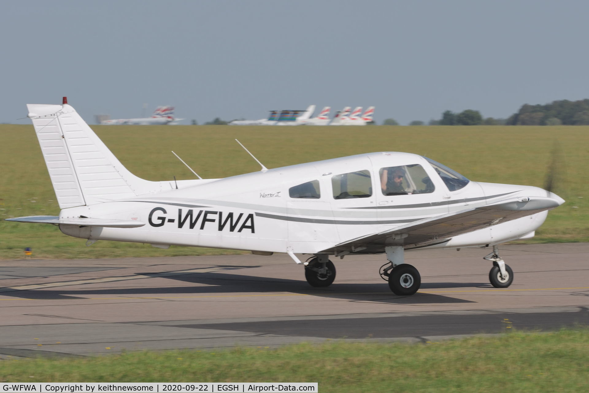 G-WFWA, 1984 Piper PA-28-161 Cherokee Warrior II C/N 28-8416119, Leaving Norwich.