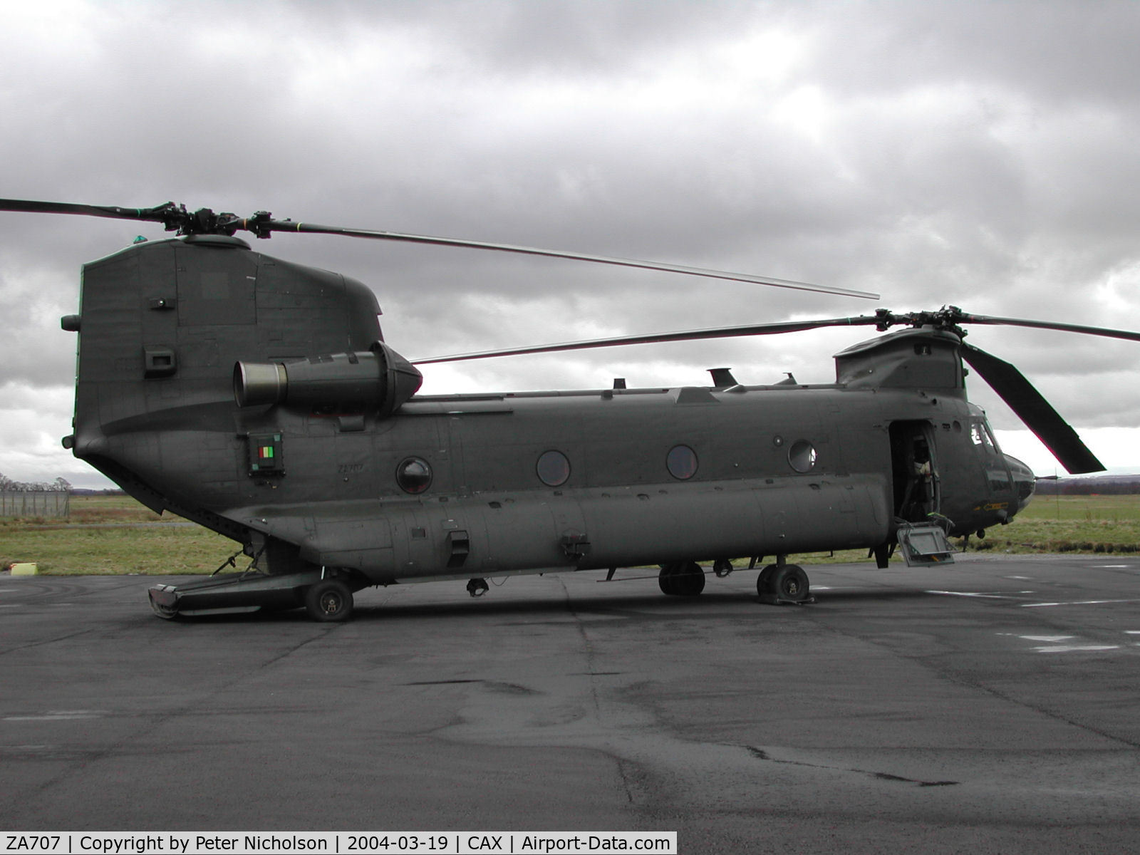 ZA707, Boeing Vertol Chinook HC.2 C/N M/A019/B-837/M7025, Chinook HC.2, Callsign Vortex 395, of 27 Squadron on a visit to Carlisle in the Spring of 2004.